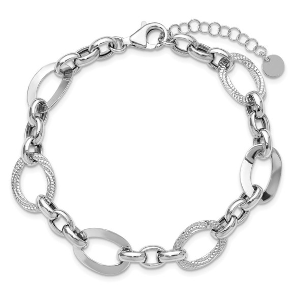 925 Sterling Silver RH-plat Polish/Textured Fancy Link w/1.25in ext. Bracelet